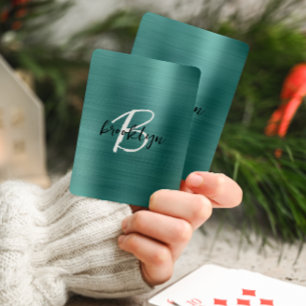 Teal Brushed Metal Black White Script Monogram Playing Cards