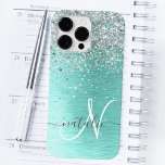 Teal Brushed Metal Silver Glitter Monogram Name<br><div class="desc">Easily personalise this trendy chic phone case design featuring pretty silver sparkling glitter on a teal brushed metallic background.</div>