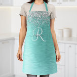 Teal Brushed Metal Silver Glitter Monogram Name Apron<br><div class="desc">Easily personalise this trendy chic apron design featuring pretty silver sparkling glitter on a teal brushed metallic background.</div>