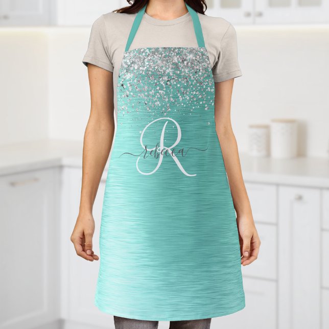 Teal Brushed Metal Silver Glitter Monogram Name Apron (Creator Uploaded)