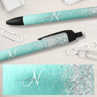 Teal Brushed Metal Silver Glitter Monogram Name