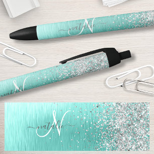Teal Brushed Metal Silver Glitter Monogram Name Black Ink Pen