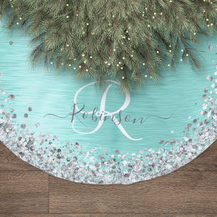 Teal Brushed Metal Silver Glitter Monogram Name Brushed Polyester Tree Skirt