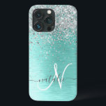 Teal Brushed Metal Silver Glitter Monogram Name iPhone 13 Pro Case<br><div class="desc">Easily personalise this trendy chic phone case design featuring pretty silver sparkling glitter on a teal brushed metallic background.</div>