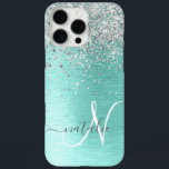 Teal Brushed Metal Silver Glitter Monogram Name iPhone 16 Pro Max Case<br><div class="desc">Easily personalise this trendy chic phone case design featuring pretty silver sparkling glitter on a teal brushed metallic background.</div>
