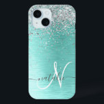 Teal Brushed Metal Silver Glitter Monogram Name iPhone 15 Case<br><div class="desc">Easily personalise this trendy chic phone case design featuring pretty silver sparkling glitter on a teal brushed metallic background.</div>