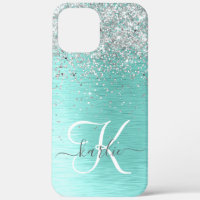 Teal Brushed Metal Silver Glitter Monogram Name