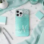Teal Brushed Metal Silver Glitter Monogram Name iPhone 15 Pro Max Case<br><div class="desc">Easily personalise this trendy chic phone case design featuring pretty silver sparkling glitter on a teal brushed metallic background.</div>