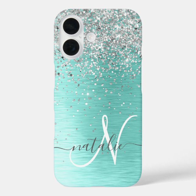 Teal Brushed Metal Silver Glitter Monogram Name Case-Mate iPhone Case (Back)