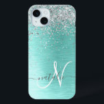 Teal Brushed Metal Silver Glitter Monogram Name iPhone 15 Mini Case<br><div class="desc">Easily personalise this trendy chic phone case design featuring pretty silver sparkling glitter on a teal brushed metallic background.</div>
