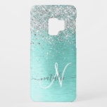 Teal Brushed Metal Silver Glitter Monogram Name Case-Mate Samsung Galaxy S9 Case<br><div class="desc">Easily personalise this trendy chic phone case design featuring pretty silver sparkling glitter on a teal brushed metallic background.</div>