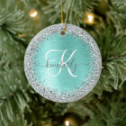 Teal Brushed Metal Silver Glitter Monogram Name