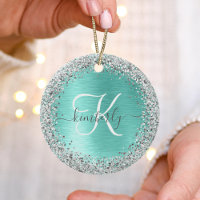 Teal Brushed Metal Silver Glitter Monogram Name