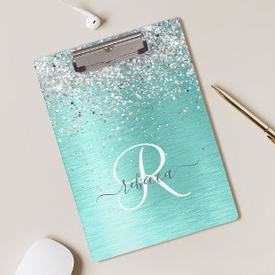 Teal Brushed Metal Silver Glitter Monogram Name Clipboard