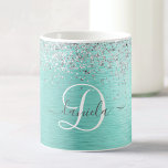 Teal Brushed Metal Silver Glitter Monogram Name Coffee Mug<br><div class="desc">Easily personalise this trendy chic coffee mug design featuring pretty silver sparkling glitter on a teal brushed metallic background.</div>