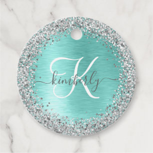 Teal Brushed Metal Silver Glitter Monogram Name Favour Tags