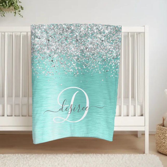 Teal Brushed Metal Silver Glitter Monogram Name Fleece Blanket (Creator Uploaded)