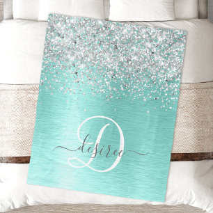 Teal Brushed Metal Silver Glitter Monogram Name Fleece Blanket