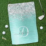 Teal Brushed Metal Silver Glitter Monogram Name Golf Towel<br><div class="desc">Easily personalise this trendy chic golf towel design featuring pretty silver sparkling faux glitter on a teal brushed metallic background.</div>