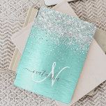Teal Brushed Metal Silver Glitter Monogram Name iPad Air Cover<br><div class="desc">Easily personalise this trendy chic ipad cover design featuring pretty silver sparkling glitter on a teal brushed metallic background.</div>