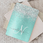 Teal Brushed Metal Silver Glitter Monogram Name iPad Pro Cover<br><div class="desc">Easily personalise this trendy chic ipad cover design featuring pretty silver sparkling glitter on a teal brushed metallic background.</div>