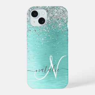 Teal Brushed Metal Silver Glitter Monogram Name iPhone 15 Case