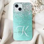 Teal Brushed Metal Silver Glitter Monogram Name iPhone 15 Case<br><div class="desc">Easily personalise this trendy chic phone case design featuring pretty silver sparkling glitter on a teal brushed metallic background.</div>