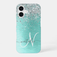Teal Brushed Metal Silver Glitter Monogram Name