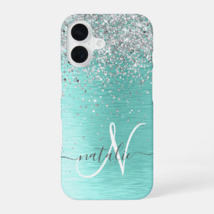 Teal Brushed Metal Silver Glitter Monogram Name iPhone 16 Case
