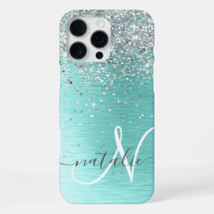 Teal Brushed Metal Silver Glitter Monogram Name iPhone 16 Pro Max Case
