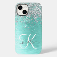 Teal Brushed Metal Silver Glitter Monogram Name