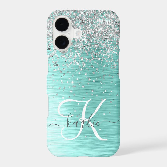 Teal Brushed Metal Silver Glitter Monogram Name iPhone Case (Back)