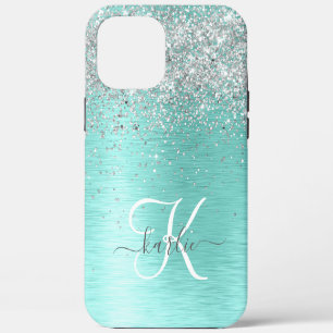 Teal Brushed Metal Silver Glitter Monogram Name iPhone 12 Pro Max Case