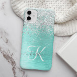 Teal Brushed Metal Silver Glitter Monogram Name iPhone 14 Case<br><div class="desc">Easily personalise this trendy chic phone case design featuring pretty silver sparkling glitter on a teal brushed metallic background.</div>