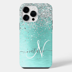 Teal Brushed Metal Silver Glitter Monogram Name iPhone 14 Pro Max Case