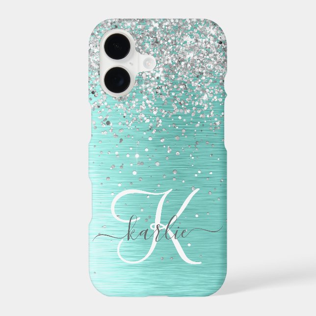 Teal Brushed Metal Silver Glitter Monogram Name iPhone Case (Back)