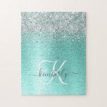 Teal Brushed Metal Silver Glitter Monogram Name Jigsaw Puzzle<br><div class="desc">Easily personalize this trendy chic puzzle design featuring pretty silver sparkling glitter on a teal brushed metallic background.</div>