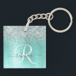 Teal Brushed Metal Silver Glitter Monogram Name Key Ring<br><div class="desc">Easily personalise this trendy chic keychain design featuring pretty silver sparkling glitter on a teal brushed metallic background.</div>
