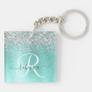 Teal Brushed Metal Silver Glitter Monogram Name Key Ring