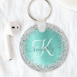 Teal Brushed Metal Silver Glitter Monogram Name Key Ring<br><div class="desc">Easily personalise this trendy chic keychain design featuring pretty silver sparkling glitter on a teal brushed metallic background.</div>