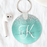 Teal Brushed Metal Silver Glitter Monogram Name Key Ring<br><div class="desc">Easily personalize this trendy chic keychain design featuring pretty silver sparkling glitter on a teal brushed metallic background.</div>
