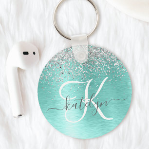 Teal Brushed Metal Silver Glitter Monogram Name Key Ring