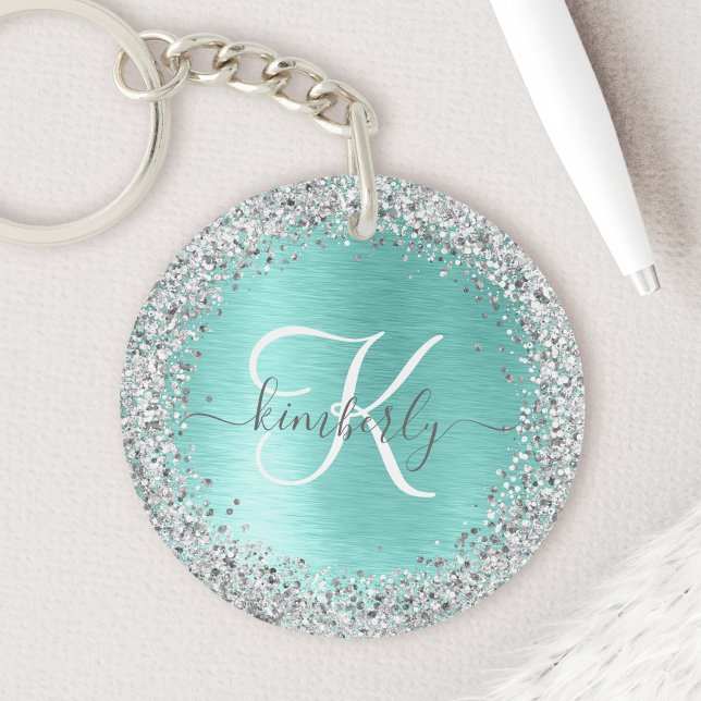 Teal Brushed Metal Silver Glitter Monogram Name Key Ring (Creator Uploaded)