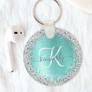Teal Brushed Metal Silver Glitter Monogram Name Key Ring