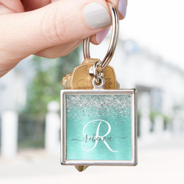 Teal Brushed Metal Silver Glitter Monogram Name Key Ring (Creator Uploaded)