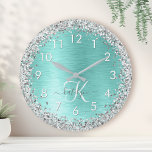 Teal Brushed Metal Silver Glitter Monogram Name Large Clock<br><div class="desc">Easily personalise this trendy chic wall clock design featuring pretty silver sparkling faux glitter on a teal brushed metallic background.</div>
