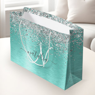 Teal Brushed Metal Silver Glitter Monogram Name Large Gift Bag