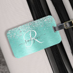 Teal Brushed Metal Silver Glitter Monogram Name Luggage Tag<br><div class="desc">Easily personalise this trendy chic luggage tag design featuring pretty silver sparkling glitter on a teal brushed metallic background.</div>