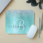 Teal Brushed Metal Silver Glitter Monogram Name Mouse Mat<br><div class="desc">Easily personalize this trendy chic mouse pad design featuring pretty silver sparkling faux glitter on a teal brushed metallic background.</div>