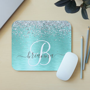 Teal Brushed Metal Silver Glitter Monogram Name Mouse Mat